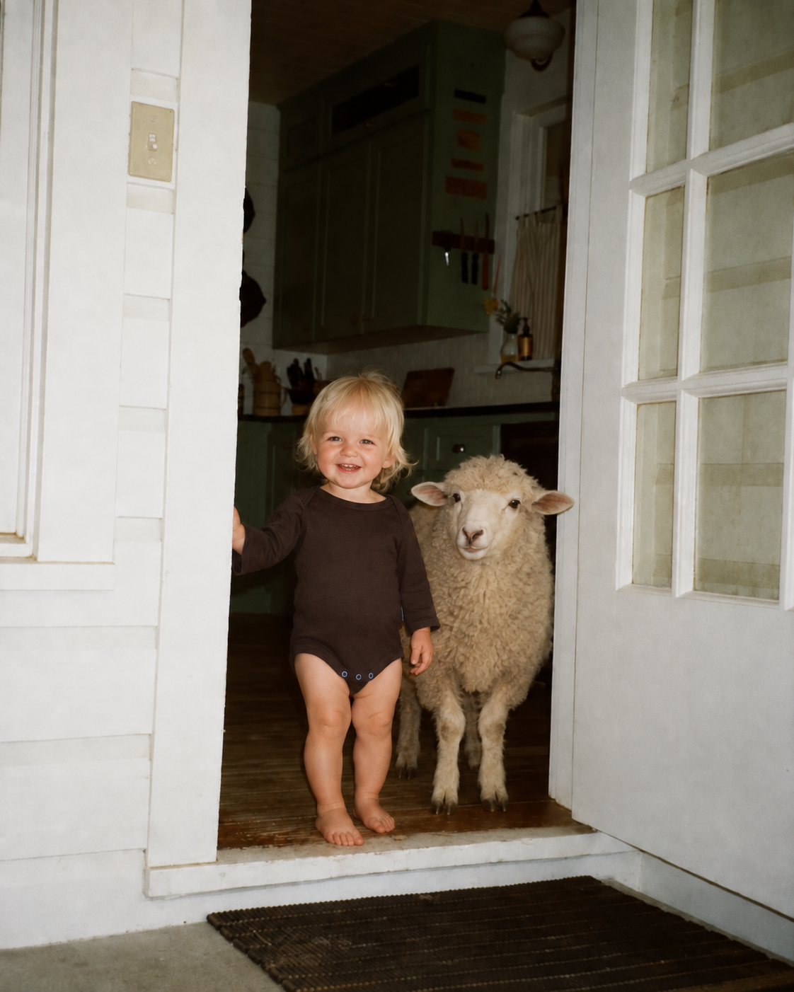 A smiling toddler in a chocolate merino bodysuit stands in a doorway beside a sheep